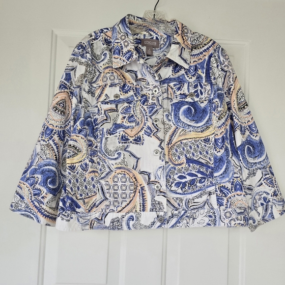 Chico's Button Front Jacket BLue Paisley Print Cotton XL/16 (Chico's Sz 3) - Picture 7 of 14